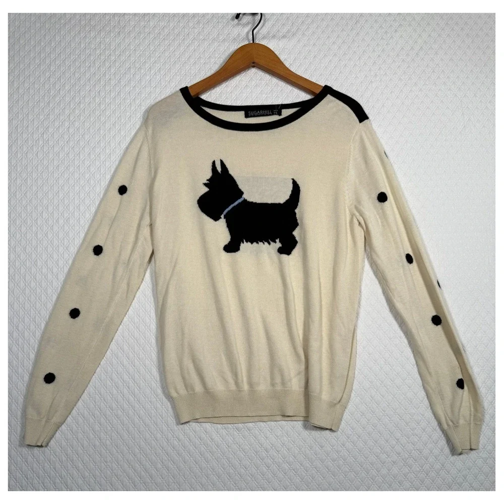 Sugarhill Boutique Scottie Sweater NWT Cream Black Polka Dot Dog Knit USA 8 UK14 - Picture 2 of 8